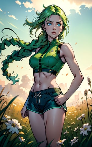 1girl, solo, soft lighting, (fighting stance), from below, green hair, blue eyes, nervous, braid, crop top, shorts, field