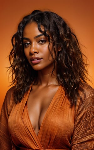 raw photo, photorealistic, intricate, photo of beautiful african woman, wavy hair, skin texture, pores, in orange background, cinematic LUT