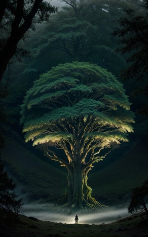 fantasy photo of gigantic tree of life, yggdrasil, in the middle of wonderful mountain, purely nature landscape, lord of the ring style, (intricate branch and trunk:1), highly detailed, atmospheric fog, (dimly lit, light particles), rim lighting, (dark hue:1), mist, myth thematic scenery, green theme, centered, film grain, by john picacio