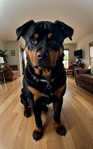 raw photo, best quality, photo of a rottweiler, funny dog, highly detailed, zoom, soft lighting, in living room, (fisheye lens). taken with gopro camera, instagram LUT
