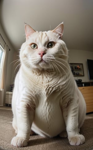 raw photo, best quality, photo of a fat cat, highly detailed, zoom, soft lighting, in living room, (fisheye lens). taken with gopro camera, instagram LUT