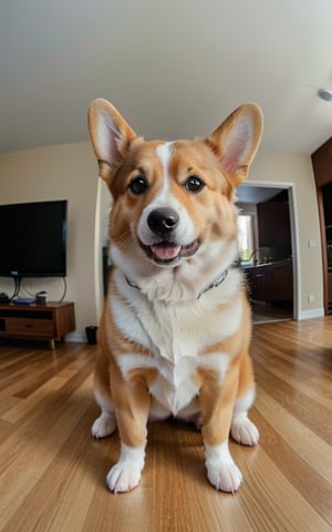 raw photo, best quality, photo of a corgi, cute dog, highly detailed, zoom, soft lighting, in living room, (fisheye lens). taken with gopro camera, instagram LUT