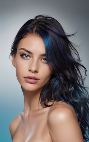 raw photo, photorealistic, highly detailed, photo of beautiful woman, multi color hair, wild hair flowing, blue color simple background. professional photograph, fashion magizine photo, high detailed skin texture and pores, hair ads model, makeup, sharp eyes, perfect lips, film grain, medium shot, instagram LUT