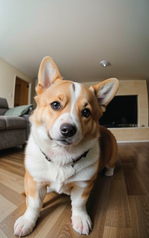 raw photo, best quality, photo of a corgi, cute dog, highly detailed, zoom, soft lighting, in living room, (fisheye lens). taken with gopro camera, instagram LUT