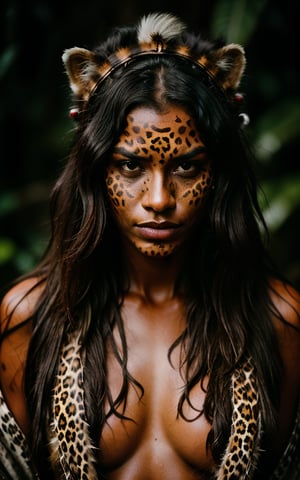 raw photo, photorealistic, intricate, photo of beautiful african woman, wavy hair, oily hair, full leopard war face paint, (ancient tribe outfit), leopard fur, ancient tribe headdress, angry, in rainy tropical forest, detailed texture, (torn, dirty, rain, dirt), low key, upper body close up, rim lighting, film grain, grainy photo, leopard ancient tribe thematic photo, motion blur, horror cinematic LUT