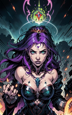 inked, splash art, cover art, masterpiece, best quality, highly detailed, intricate, 8k, sharp focus, portrait of beautiful queen of witch cultlist showing her power, magical rune, chain, spawn style, beautiful face, detailed eyes, very long hair, messy, green purple flaming aura, toxic, [scream], (angry:0.5), thunder, storm, epic scene, dynamic angle, dynamic pose, intense shadow, vfx, by todd mcfarlane