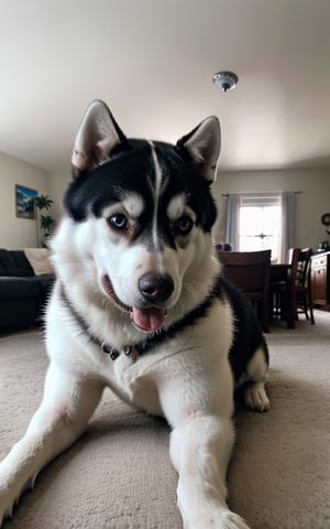 raw photo, best quality, photo of a husky, dog, highly detailed, zoom, soft lighting, in living room, fisheye lens. taken with gopro camera, instagram LUT