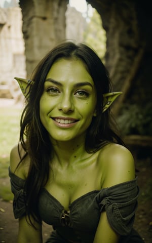 best quality, 500px, cgunity, raw fantasy photo of (beautiful:1.2) goblin woman, (green skin:1.3), grin, (full clothes:1.3), (big pointy ears:1.2), in a fantasy village, ambient light, backlight, volumetric lighting, realistic, realistic lighting, cinematic lighting, depth of field, sharp focus, dynamic pose, (half body portrait:1.3), (face focus:1.4), looking at viewer, (high contrast:1.2), (film grain)
