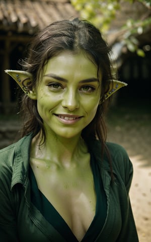 best quality, 500px, cgunity, raw fantasy photo of (beautiful:1.2) goblin woman, (green skin:1.3), grin, (full clothes:1.3), (big pointy ears:1.2), in a fantasy village, ambient light, backlight, volumetric lighting, realistic, realistic lighting, cinematic lighting, depth of field, sharp focus, dynamic pose, (half body portrait:1.3), (face focus:1.4), looking at viewer, (high contrast:1.2), (film grain)
