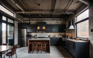 profesional photo of wonderful cozy home, metal interior, industrial theme, real life lighting, great composition, highly detailed material texture