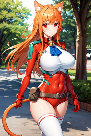 hmeris, orange hair, red eyes, cat ears, cat tail, large breasts, red leotard, blue ascot, jingle bell, long sleeves, white thighhighs, loose belt, pouch, red gloves, smile, walking, cowboy shot, outdoors