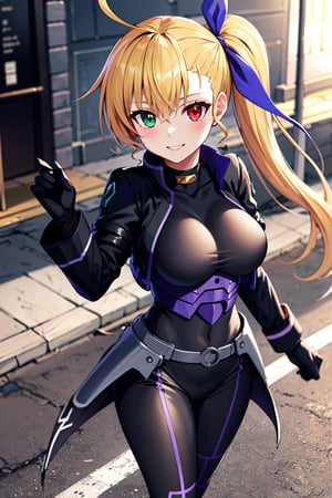 masterpiece, best quality, 1girl, vivio1, heterochromia, ribbon, gloves, large breasts, ahoge, black_bodysuit, black jacket, standing, outdoors, street, smile