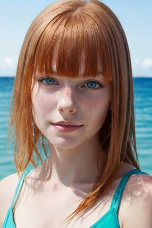 Portrait of ginger girl, pale skin, ocean background