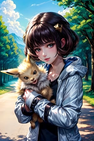 (pokemon), a cute jolteon, danielle with jacket, (masterpiece, top quality, best quality, official art, beautiful and aesthetic:1.2), beautiful forest scenery background, beautiful lighting, beautiful clouds,danielle