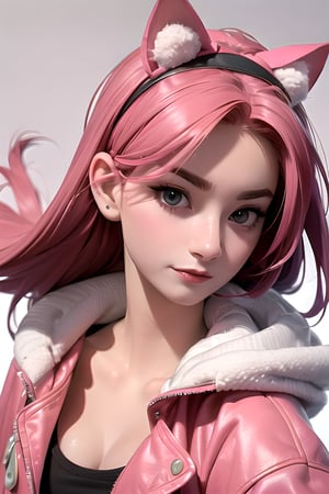 yiren, 1girl, (upper body:1.2), (straight on:1.1), beautiful hair, floating hair, (looking at the viewer:1.3), (pink hair:1.2), (wearing fluffy cute jacket), (cat hair bands), beautiful face, beautiful expression, (medium breast:1.1), (closed mouth:1.2), (photorealistic:1.3), detailed face, detailed eyes, detailed iris, detailed nose, detailed ears, detailed eyebrows, high_res