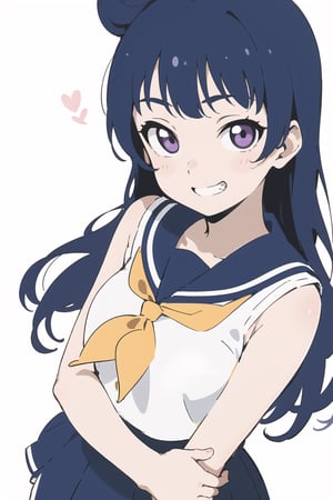 (finely best quality illustration:1.2), (kawaii girl:1.0), (1girl, solo:1.0), (tsushima yoshiko, purple eyes, dark blue hair, single hair bun, long hair:1.0), (school uniform, serafuku, bare shoulders, bare arms, uranohoshi school uniform:1.0), (smile, (smug grin:1.1):1.0), (upper body:1.0), (from above:1.0), (white background:1.0), (ultra-detailed, highres:1.0),