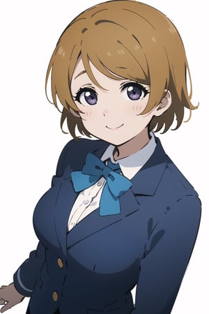 (finely best quality illustration:1.2), (kawaii girl:1.0), (1girl, solo:1.0), (koizumi hanayo, short hair, brown hair, purple eyes:1.0), (school uniform, simple jacket, dark blue blazer, blue bow, winter uniform, otonokizaka school uniform:1.0), (medium breasts:1.0), (smile:0.8), (upper body:1.0), (from above:1.0), (white background:1.0), (ultra-detailed, highres:1.0),
