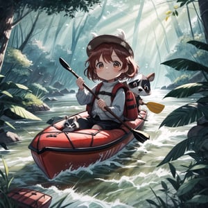 style of Beatrix Potter, a chibi in kayak, paddling on the Amazon river, , lifejacket, cute chibi girl, racoon ears, red hair, super cute, raging white river rafting, rocky, trees on shore, surrounded by trees, happy, cute pet racoon, chibi racoon, dynamic pose, bokeh, sunrise, blue sky, , epic look, cinematic, crows, movie poster, depth of field, scenery, tracers, light particles, cosy background, warm color, Illustration, Character Design, Watercolor, Ink, oil, thematic background, ambient enviroment, epic