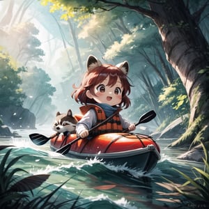 style of Beatrix Potter, a chibi in kayak, paddling on the Amazon river, , lifejacket, cute chibi girl, racoon ears, red hair, super cute, raging white river rafting, rocky, trees on shore, surrounded by trees, happy, cute pet racoon, chibi racoon, dynamic pose, bokeh, sunrise, blue sky, , epic look, cinematic, crows, movie poster, depth of field, scenery, tracers, light particles, cosy background, warm color, Illustration, Character Design, Watercolor, Ink, oil, thematic background, ambient enviroment, epic