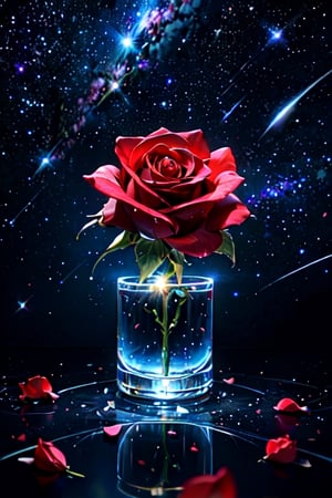 Single glass rose, thorns, petals of glass, sparkling like diamond, light reflections, bright, shining, intricately detailed, color depth, Epic cinematic, brilliant lighting, cosmic background, shooting stars, galaxy 