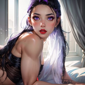 (masterpiece), best quality, expressive eyes,1girl, solo girl, perfect face, looking at viewer, ((portrait)),  portrait, mature female, solo, lipstick, red lips, makeup, black hair, long hair, very long hair,  sultry expression, (masterpiece, absurdres,) , purple eyes, white hair, white eyebrows, 