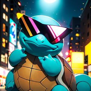 centered, award winning photo, (looking at viewer:1.2), | Squirtle_Pokemon, sunglasses,| city lights, | bokeh, depth of field, cinematic composition, |