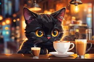 shadow flat vector art, (cute,cat,colorful,vector illustration,portrait),(best quality,4k,highres,masterpiece:1.2),ultra-detailed,vivid colors,bokeh,light painting,soft lighting, cat barista, cat making coffee, cute cat, big eyes, sparkling
