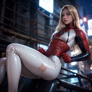 8k, high quality, high rise panties, stunning hourglass figure, long golden silky hair, toned body, blonde hair, supermodel, big blue eyes, subsurface scattering, professional quality, 8k resolution, RAW photo, small breasts, glistening skin, stunning toned woman, neon signs, cyberpunk city, night city background, glowing, amazing detail, intricately detailed, bright lighting, spiderman costume, tight latex suit, costume, spiderman, black spiderman costume, at the gym, sitting on a gym bench, professional lighting, hyperdetailed, 