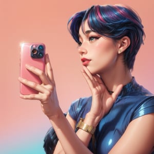 Side view, girl taking selfie, short multicolored hair, fair skin, beautiful symmetrical face, glossy picture, red lips, beautiful eyes, model, rosy cheeks, long slender fingers, 