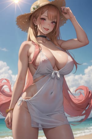 1girl, nude masterpiece, best quality, highly detailed,kitagawa marin, intricately detailed, long flowing hair, glowing skin, toned body, muscles,real, big bright red lips, smiling fashion pose, revealing, large breasts, model pose white skin, sundress, sun hat