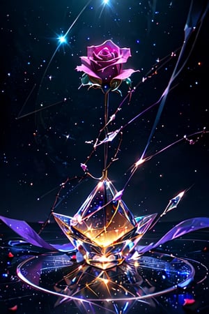 Single glass rose, thorns, petals of glass, sparkling like diamond, light reflections, bright, shining, intricately detailed, color depth, Epic cinematic, brilliant lighting, cosmic background, shooting stars, galaxy 
