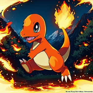 ((masterpiece,best quality)), absurdres,, Charmander_Pokemon,   flame-tipped tail, pokemon_\(creature\),full_body, facing viewer, looking at viewer,embers, explosion, fangs, swirling flames,mountain, nature, no_humans,  outdoors,  sky, tree