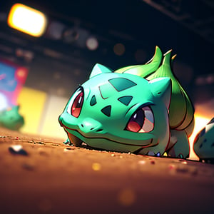 centered, award winning photo, (looking at viewer:1.2), |  Bulbasaur_Pokemon, |arena, battle | bokeh, depth of field, cinematic composition, | 