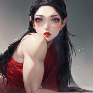 (masterpiece), best quality, expressive eyes,1girl, solo girl, perfect face, looking at viewer, ((portrait)),  portrait, mature female, solo, lipstick, red lips, makeup, black hair, long hair, very long hair,  sultry expression, (masterpiece, absurdres,) , 