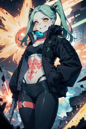 masterpiece, best quality, highres, 1girl, rebecca \(cyberpunk\), solo, long hair, mechanical eye, colored sclera, red sclera, colored skin, white skin, leg tattoo, neck tattoo, green hair, long hair, small breasts, underwear, fang, red pupils, skin fang, red eyes, black jacket, , standing, cowboy shot, straight-on, evil grin, outdoors, black tight leggings, short crop top, twintails, explosions in background, gunpowder, bright orange explosions, debris, 