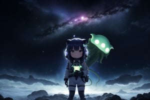 Chibi girl in a spacesuit left frame, cute racoon ears, award winning cinematic, a chibi girl with racoon ears standing in front of a Giant cthulhu monster, tentacle on face, ominous cthulhu, | fantasy colors, sky full of stars, night, spaceship on the ocean, low hanging fog, lovecraft inspired, key anime Visual by kentaro Miura, alien planet, alien world, trippy colors, | bokeh, depht of field,