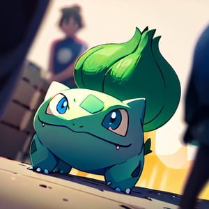 centered, award winning photo, (looking at viewer:1.2), |  Bulbasaur_Pokemon, |arena, battle | bokeh, depth of field, cinematic composition, | 