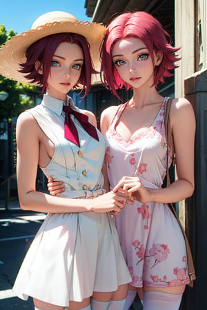 kallen school uniform, cowboy shot,1girl, (pink and white sundress), summertime, flowing dress, sunhat, zettai_ryouiki,(masterpiece, best quality, ultra-detailed), (beautiful detailed face, beautiful detailed eyes),mksks style, beautiful background, (chromatic aberration, lens flare, outdoor, light particles, kallen stadtfeld