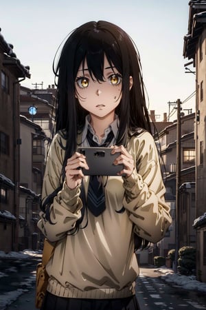 mieruko, miko_yotsuya, 1girl, scared, holding phone, yellow sweater, black tie, school uniform, yellow detailed eyes, long black hair, big eyes, detailed pupils, detailed shading, detailed lighting, (horror \(theme\):1.25), outdoors, creepy background, slim shadow creepy monster, ghosts in background, masterpiece, best quality, symmetrical beautiful face, 