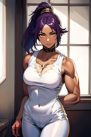 Shihouin Yoruichi,purple hair,yellow eyes, ultra realistic 8k cg, masterpiece, ((ultra detailed background, brown skin tone, delicate pattern, intricate detail)), (highly detailed, fine details), best quality, 1girl, (photorealistic:1.4),beautiful lighting, absurdres, RAW photo, film grain, complex detailed background, room background, room environment, solo, 1girl, smile, tan skin, facing viewer, hands behind back, smiling, ((medium breasts, muscular toned body) ), dark purple hair, ponytail, white yoga pants, tight shirt, open chest thighhighs, choker, white clothes with gold and pink accents, 
