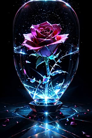 Single glass rose, thorns, petals of glass, sparkling like diamond, light reflections, bright, shining, intricately detailed, color depth, Epic cinematic, brilliant lighting 