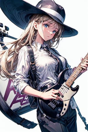 Masterpiece, best quality, highres, 8k resolution ,1girl,  jazz player, girl in a fedora, cool jazz vibes, black suit pants, white shirt, rolled up sleeves, big bright eyes, clear background, white background,(masterpiece, absurdres), , absurdres, bass guitar case, smooth jazz, gold accents