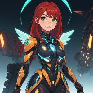 1girl, stunning toned girl, fully clothed, layered armor, model woman, symmetrical beautiful face, oval jaw, asian features, big bright eyes, symmetrical perfect round iris, hourglass figure, waist high Portrait, glowing wings, mecha girl, glowing eyes, metallic colorful skin, cybernetic, exposed wiring, mechanical joints, advanced, weaponry, glowing emerald chest, mechanical boots, stunning hourglass figure, long red silky hair with black highlights, medium chest, futuristic, shiny metal, metallic paint, absurdres, masterpiece, perfect quality, perfect proportions, brilliant lighting, cyberpunk, sharp focus, skin imperfections, smile, smile dimples, big bright eyes, big full lips, bioluminescent, wet bone structure, bright lighting, 