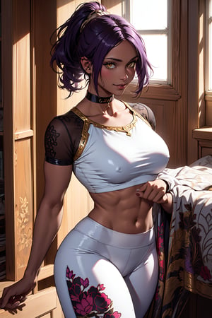 Shihouin Yoruichi,purple hair,yellow eyes, ultra realistic 8k cg, masterpiece, ((ultra detailed background, brown skin tone, delicate pattern, intricate detail)), (highly detailed, fine details), best quality, 1girl, (photorealistic:1.4),beautiful lighting, absurdres, RAW photo, film grain, complex detailed background, room background, room environment, solo, 1girl, smile, tan skin, facing viewer, hands behind back, smiling, ((medium breasts, muscular toned body) ), dark purple hair, ponytail, white yoga pants, short crop top, skintight shirt, open chest thighhighs, choker, white clothes with gold and pink accents, intricate patterns on clothing, fashion pose