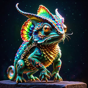 A chameleon,generate a celestial adorable non-human animal in the style of celestial and fantasy. Multicolored scales, cute face. Include subtle details of phantasmal iridescence. emphasize small details of fantasy and ornate jewels. camera: utilize interesting and dynamic composition. enhance visual interest. lighting: use ambient lighting that enhances the ambiance of fantasy. include bold colors and deep shadows. hires, detailed eyes, hires detailed eyes, hires small details, ornate, intricate details, 8k, shimmer, unity, official cgi unreal engine, high resolution, (((masterpiece))), high quality, highres, detail enhancement, (bright and clear eyes), large bright eyes, colorful tail
