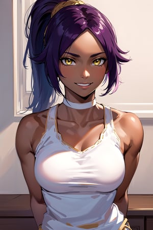 Shihouin Yoruichi,purple hair,yellow eyes, ultra realistic 8k cg, masterpiece, ((ultra detailed background, brown skin tone, delicate pattern, intricate detail)), (highly detailed, fine details), best quality, 1girl, (photorealistic:1.4),beautiful lighting, absurdres, RAW photo, film grain, complex detailed background, room background, room environment, solo, 1girl, smile, tan skin, facing viewer, hands behind back, smiling, ((medium breasts, muscular toned body) ), dark purple hair, ponytail, white yoga pants, tight shirt, open chest thighhighs, choker, white clothes with gold and pink accents, 