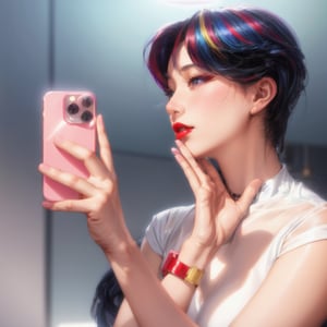 Side view, girl taking selfie, short multicolored hair, fair skin, beautiful symmetrical face, glossy picture, red lips, beautiful eyes, model, rosy cheeks, long slender fingers, looking at viewer, perfect quality, perfect proportions, brilliant lighting, hand under chin