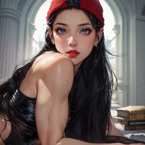 (masterpiece), best quality, expressive eyes,1girl, solo girl, perfect face, looking at viewer, ((portrait)),  portrait, mature female, solo, lipstick, red lips, makeup, black hair, long hair, very long hair,  sultry expression, (masterpiece, absurdres,) , 