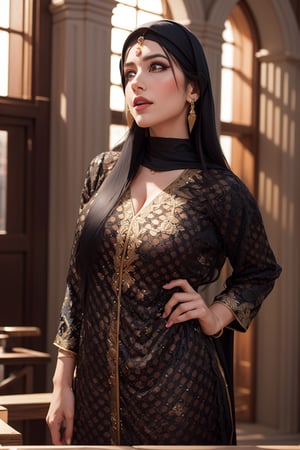 (masterpiece,best quality,absurdres,beautiful,aesthetic,detailed),fantasy,1girl, arabian princess, wearing full arabian outfit, fancy hairstyle, makeup, revealing, bare shoulder, beautiful symmetrical face, glossy picture, Iranian beauty, arabian herotage, black silky hair, large breasts, embroidered hair, intricately detailed, intricately detailed jewellery, aran royal palace background, grand hall, amazing detail, colorful vibrant background, (masterpiece) portrait, deep violet eyes, (masterpiece), multicolored clothes, headscarf, golden brown skin, prominent nose, (masterpiece