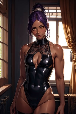 Shihouin Yoruichi,purple hair,yellow eyes, ultra realistic 8k cg, masterpiece, ((ultra detailed background, dark skin tone, delicate pattern, intricate detail)), (highly detailed, fine details), best quality, 1girl, (photorealistic:1.4),beautiful lighting, absurdres, RAW photo, film grain, complex detailed background, room background, room environment, solo, 1girl, smile, tan skin, facing viewer, hands behind back, smiling, ((medium breasts, muscular toned body) ), dark purple hair, ponytail, black leotard, thighhighs